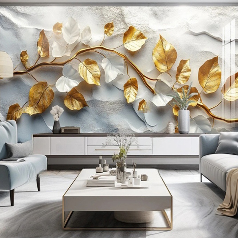 Home Office Background - วอลล์เปเปอร์ที่กําหนดเองตกแต่งบ้านภาพจิตรกรรมฝาผนัง 3D สเตอริโอ Golden Leaves ห้องนั่งเล่นห้องนอน