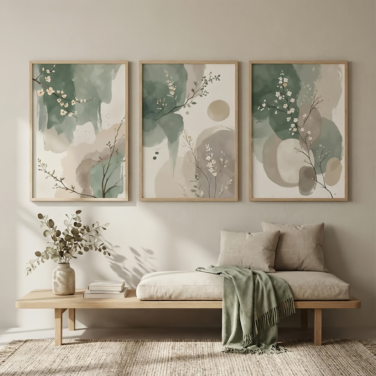 Home Office Image - ภาพพิมพ์บนผ้าใบลายใบไม้สไตล์ญี่ปุ่น 3 ชิ้น ภาพวาดสีน้ำแบบนามธรรม สีเขียวเซจและสีเบจ สำหรับตกแต่งห้องนอน