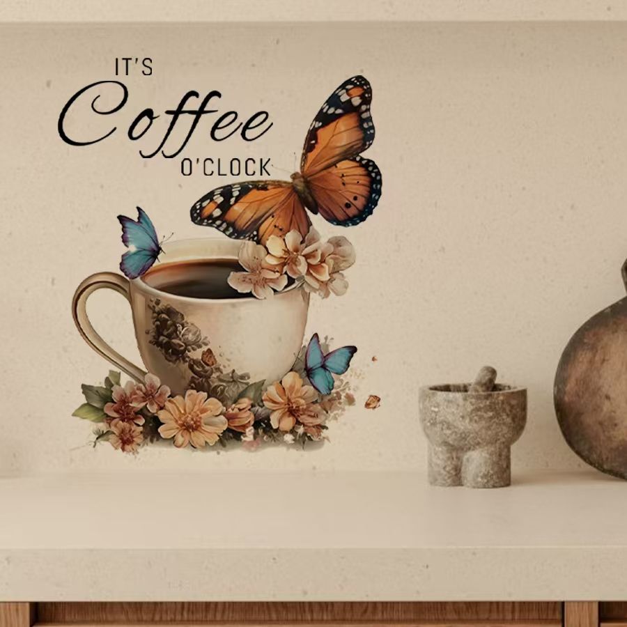 Home Office Background - IT's Coffee O'Clock สติกเกอร์ PVC สร้างสรรค์สำหรับร้านกาแฟสำนักงานพื้นที่พักผ่อนห้องนั่งเล่นตกแต่งพื้นหลัง