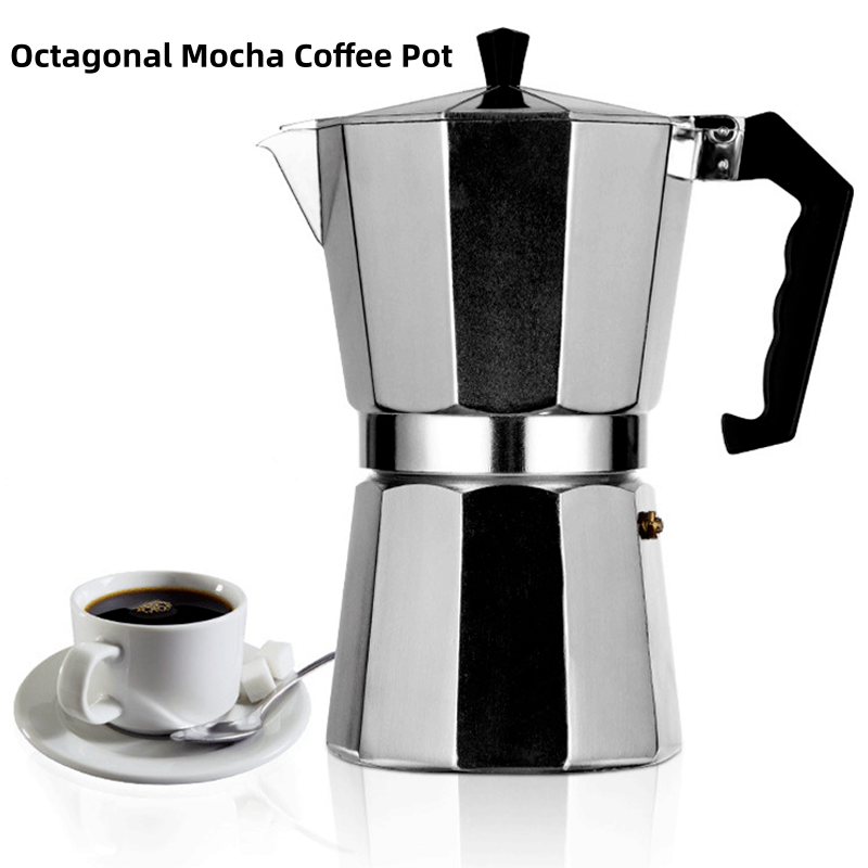 Home Office Moka - กาต้มกาแฟอะลูมิเนียมแบบลาเต้เพอร์โคลาเตอร์ทรงแปดเหลี่ยมสไตล์อิตาเลียนสำหรับใช้ในบ้าน สำนักงาน เดินทาง แคมป์ปิ้ง และทำกาแฟเอสเพรสโซ่หรือชา