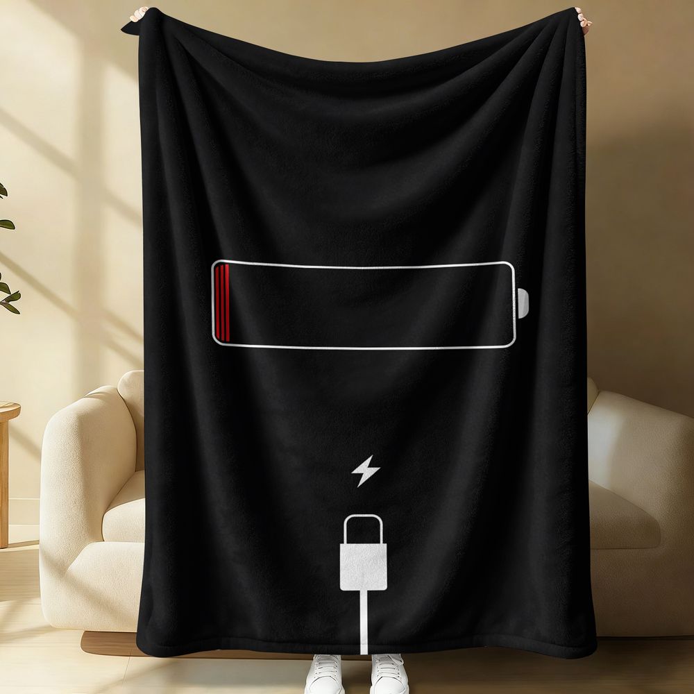 Home Office Icon - ผ้าห่มฟลานเนลพิมพ์ลายไอคอนแบตเตอรี่ต่ำสไตล์มินิมอล สำหรับโทรศัพท์มือถือ ของขวัญสำหรับเกมเมอร์ ใช้ได้ทั้งที่ออฟฟิศ โซฟา เตียง