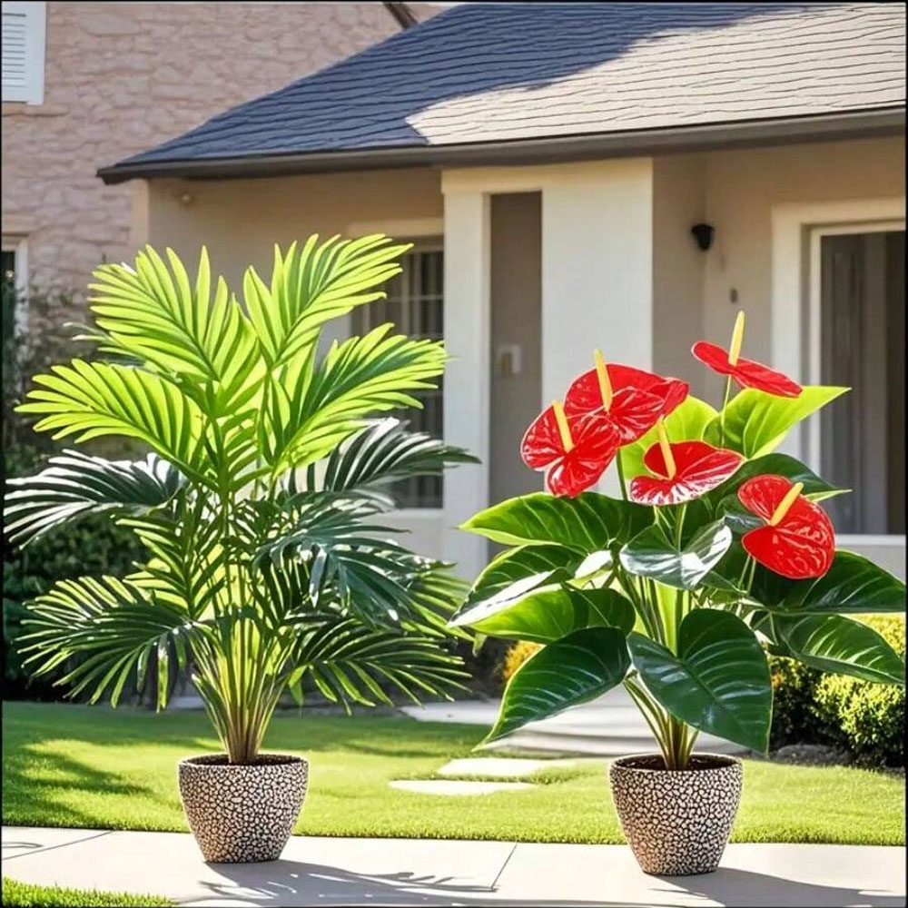 Home Office Word - 2 ชุดขนาดใหญ่พืชปาล์มประดิษฐ์และหน้าวัวสีเขียว Cycads Leaf พลาสติกพุ่มไม้พืชสําหรับระเบียงบ้านสํานักงานตกแต่งกลางแจ้ง