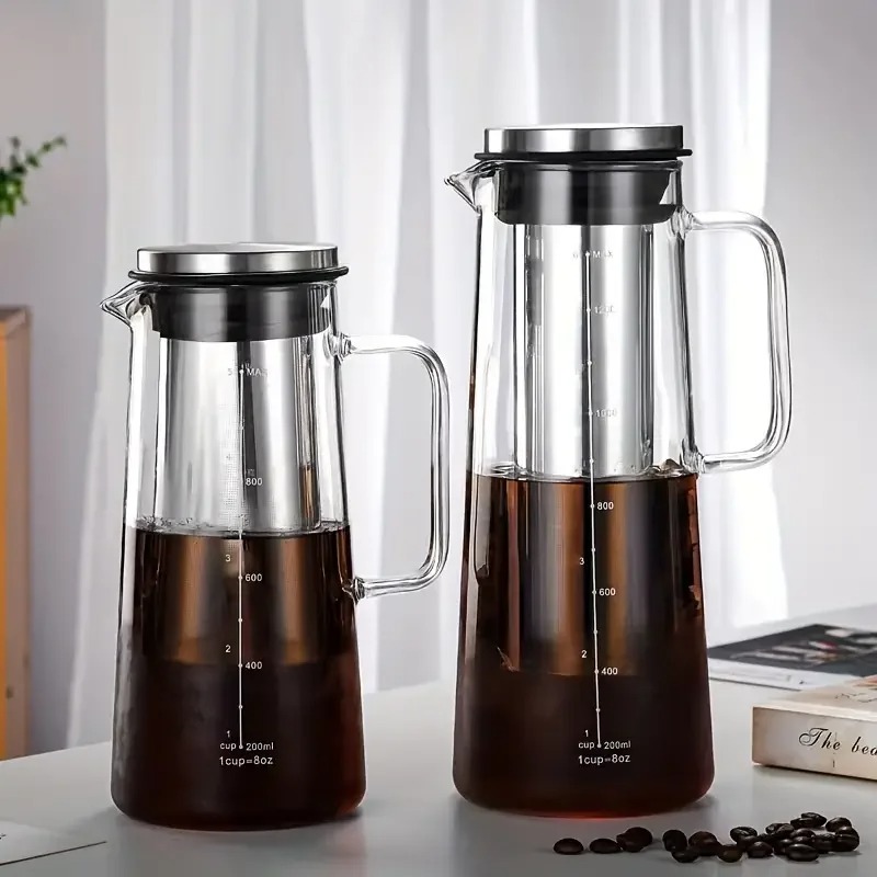 Home Office Moka - หม้อแก้วสำหรับชงกาแฟเย็นพร้อมตัวกรองสแตนเลสแบบถอดได้ สำหรับกาแฟเย็น ชาเย็น น้ำผลไม้ ใช้ในบ้าน สำนักงาน